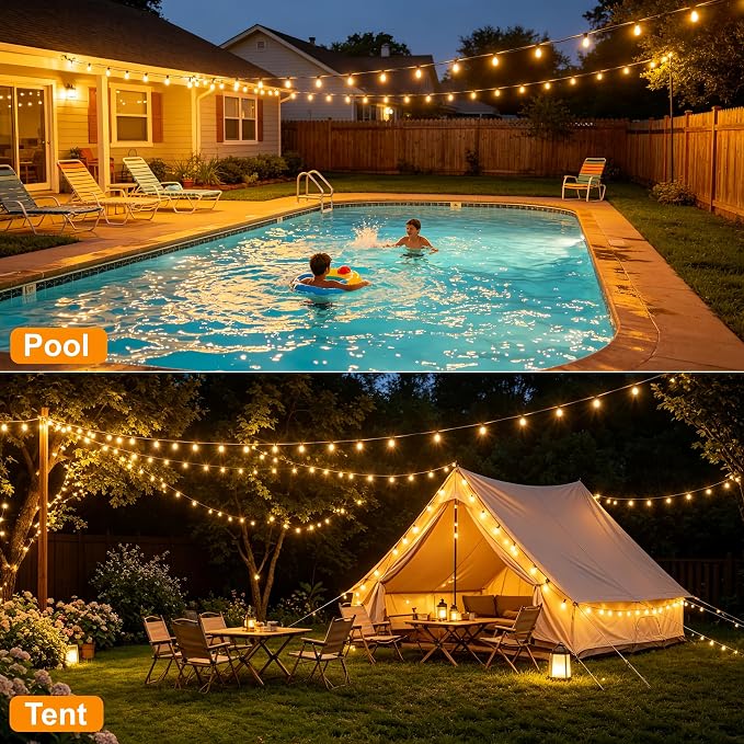 100FT Remote Outdoor String Lights for Outside, 50+2 LED Waterproof Shatterproof Edison Dimmable Timer Bulbs, 2500K Warm White Patio Lights for Garden Backyard Yard Hanging Lighting