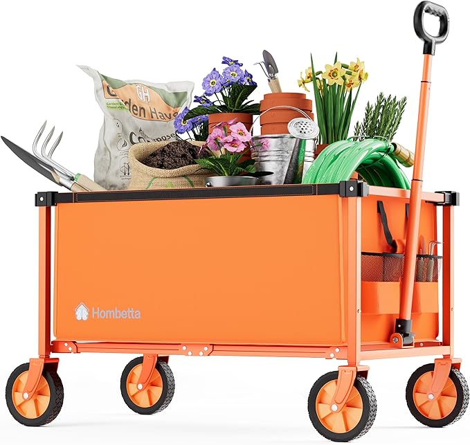 29.3" Collapsible Wagon Cart, 150L Heavy Duty Folding Utility Wagon with Wheels, 260 lbs Load, Portable Rolling Cart for Garden, Shopping, Sports, Camping, Orange