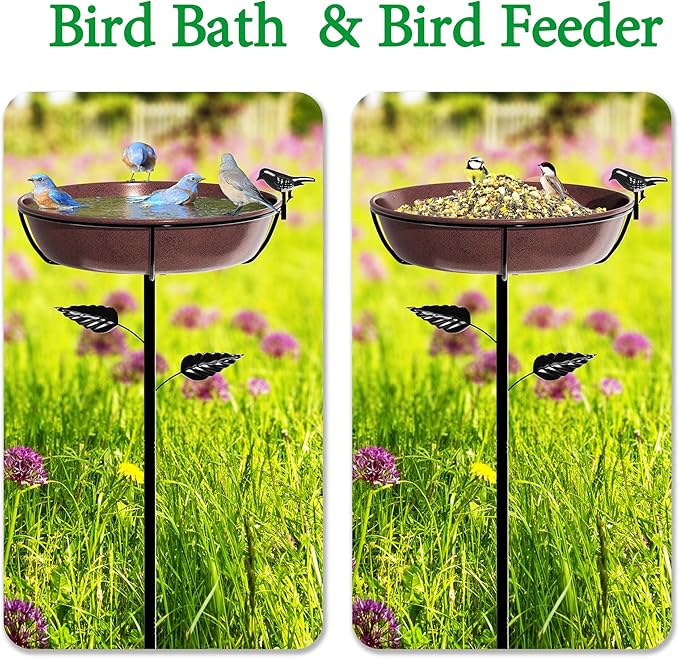 3" Deep Metal Bird Bath for Outdoors 40in Tall, Removable 13" Dia Birdbath Bowl with Stable Stake, Vintage Birdbaths and Bird Feeders for Outside Garden Yard Patio Lawn Decor(Antique Bronze)