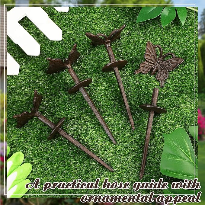 5 Pcs Garden Hose Guide Stake Bulk 9.45'' Rusty Butterflies Garden Hose Guide Spike Rust Decorative Cast Iron Stakes Heavy Duty Metal Outdoor Saver Tools for Lawn Yard Patio
