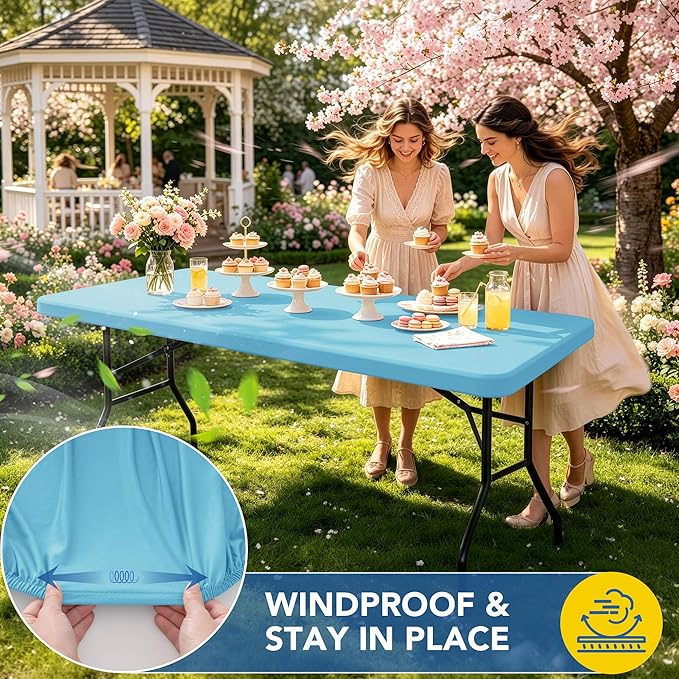 Fitted Tablecloth for 8 Foot Rectangle Table-4 Pack Light Blue Elastic Outdoor Picnic Table Cover-Spandex Stretch Folding Tablecloths 8ft for Camping Dining Room Patio Kitchen Banquet Party