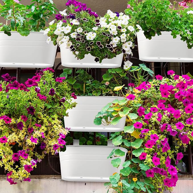 Hicarer Metal Hanging Flower Pots for Railing Fence, Large Hanging Rail Planters for Outdoor Window Balcony Plants Holder with Hooks for Garden Yard Home Decor(White,4 Pcs)