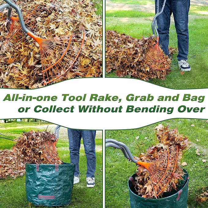 Walensee Metal Rake for Leaves, Heavy Duty Leaf Picker Upper, Leaf Scoops Hand Rake, Leaf Grabber with Long Handle, Multi-Use Garden Leaf Claw for Lawn & Yard Work