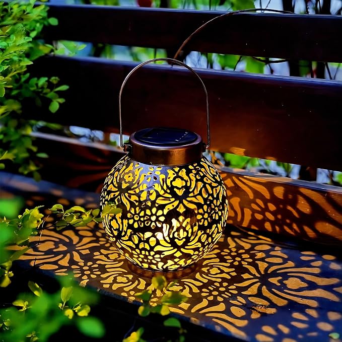 2 Pack Outdoor Solar Hanging Lantern Lights Metal LED Decorative Lamp for Garden Patio Courtyard Lawn and Table with Hollowed-Out Design (Bronze)
