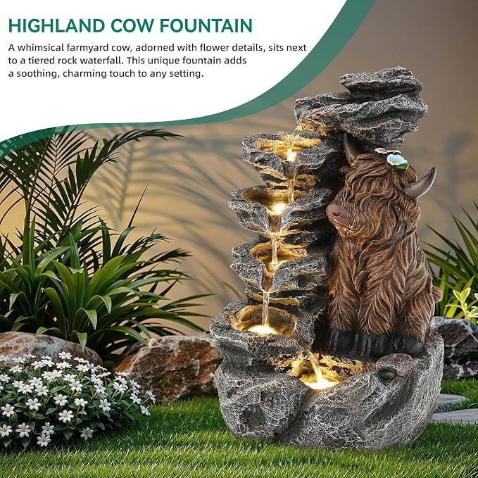 19" Highland Cow Outdoor Fountain, 5-Tier Charming Water Feature with LED Lights, Pastoral Resin Soothing Cascading Waterfall for Patio, Backyard, Garden or Porch