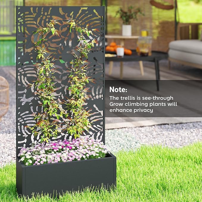 Outsunny Metal Planter Box with Trellis, 71" Tall Raised Garden Bed with Trellis Privacy Screen and Drainage Holes, Banana-Leaf Cut-Out Outdoor Privacy Planter for Climbing Plants, Vegetables, Vines
