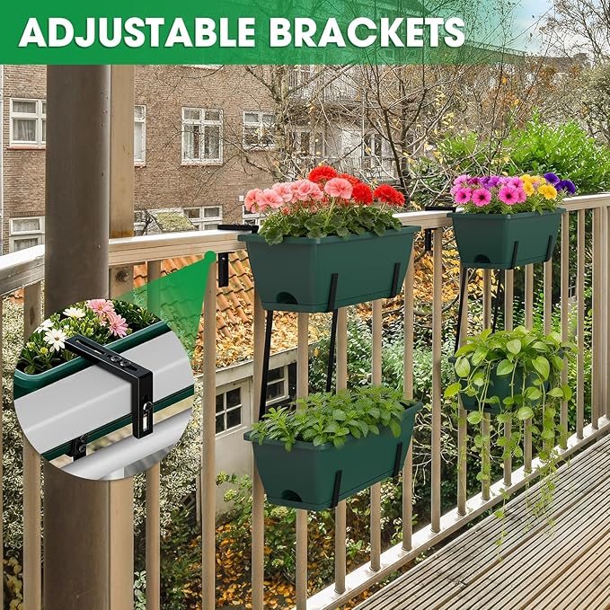Rectangle Planters Box, 4 Pack Deck Hanging Planters for Railings, Window Box Planter with Drainage Holes & Trays, 16.9 Inch Balcony Planters Railing Hanging with Metal Brackets, Black Green (Green)