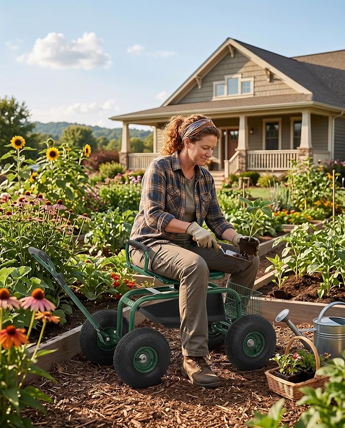 Rolling Garden Cart Workseat with Wheels, 360 Degree Swivel Gardening Stool, Extendable Steering Handle, Tool Tray, 10-Inch Inflatable Tires, Reinforced Steel Frame