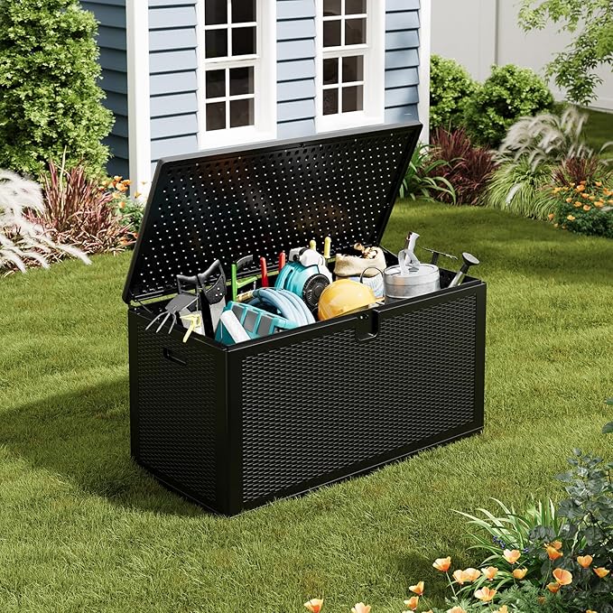 IDEALHOUSE 150 Gallon Resin Deck Box, Waterproof Outdoor Storage Box with Lockable Lid & UV Resistant, Patio Furniture Cushion Storage Container for Garden, Backyard, Poolside (Black)