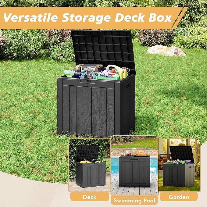 Fancyango 32 Gallon Outdoor Deck Box Waterproof, 2 Packs Storage Box for Patio, Resin Storage Bench Lockable for Garden Tools, Package Delivery, Black