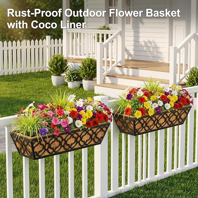 HFHOME 4 Pcs 30" Window Box Deck Railing Planter Box with Horse Trough Coco Liners, Black Metal Hanging Flower Planters Baskets for Indoor, Outdoor, Balcony, Porch, Fence, Patio, and Lawn