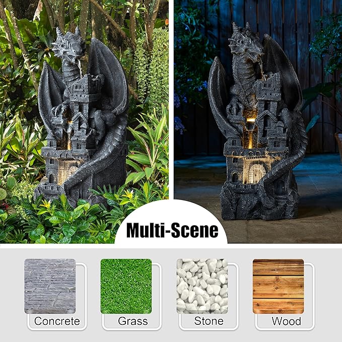 Glitzhome 37"H 4 Tiers Resin Waterfalls Water Fountain, Mystical Gothic Dragon Perched Atop The Castle Sculptural with Pump & LED Light Indoor Outdoor Floor Fountain for Garden Patio Backyard Decking