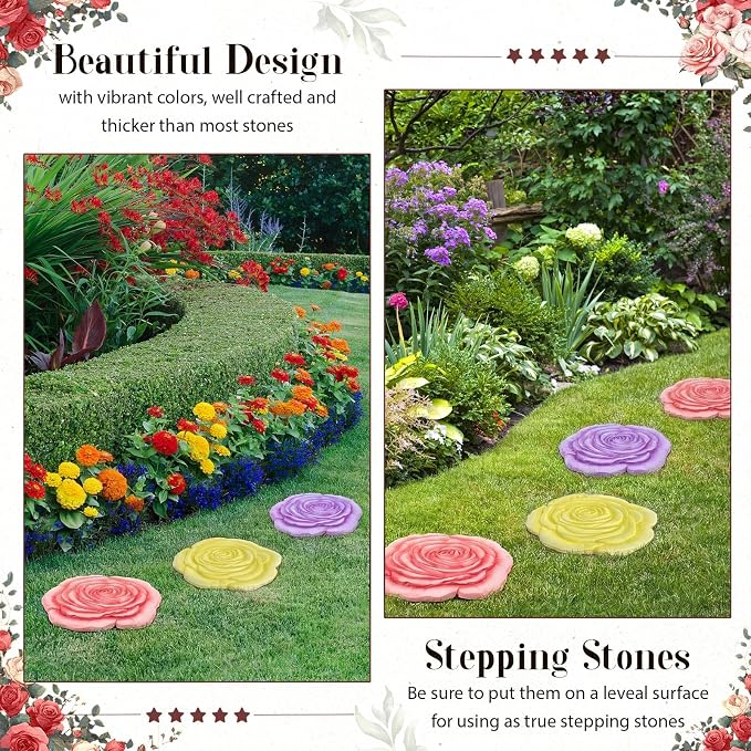 Cinnvoice 3 Pack Garden Stepping Stone Outdoor, Decorative Dimensional Resin Stepping Stones for Patio Pathway Landscaping Walkway Sculpture Yard Backyard Lawn(Rose,10 Inches)