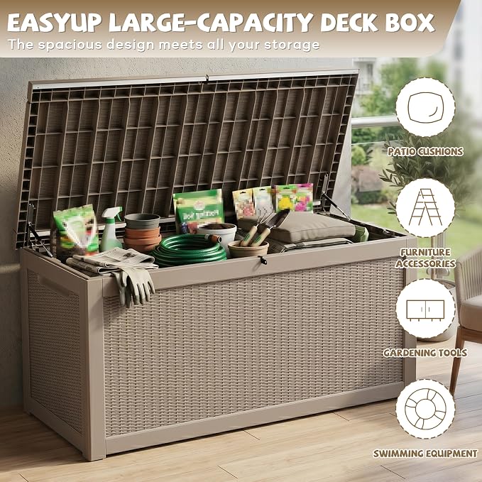 EasyUp 320 Gallon Deck Box, Large Deck Box for Indoor and Outdoor,Waterproof Storage Boxs for Patio Furniture,Garden Tools,Cushions, Lockable and UV Resistant,Easy to Install(Grey)