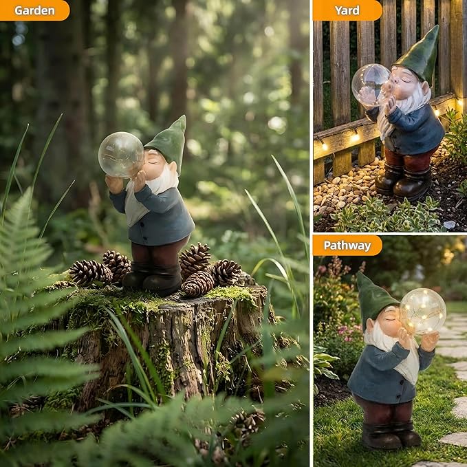 Solar Garden Gnome with Glowing Bubble Light | Waterproof Outdoor Statue for Patio, Yard & Garden Decor