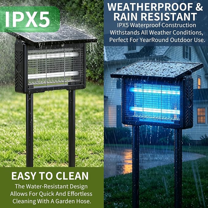 14W Solar Bug Zapper Outdoor | 7500mAh, 365–395nm UV, Dusk-Dawn Sensor, IPX5 Waterproof, 20ft Cord, Indoor & Outdoor for Home, Patio, Garden, Deck, Camping