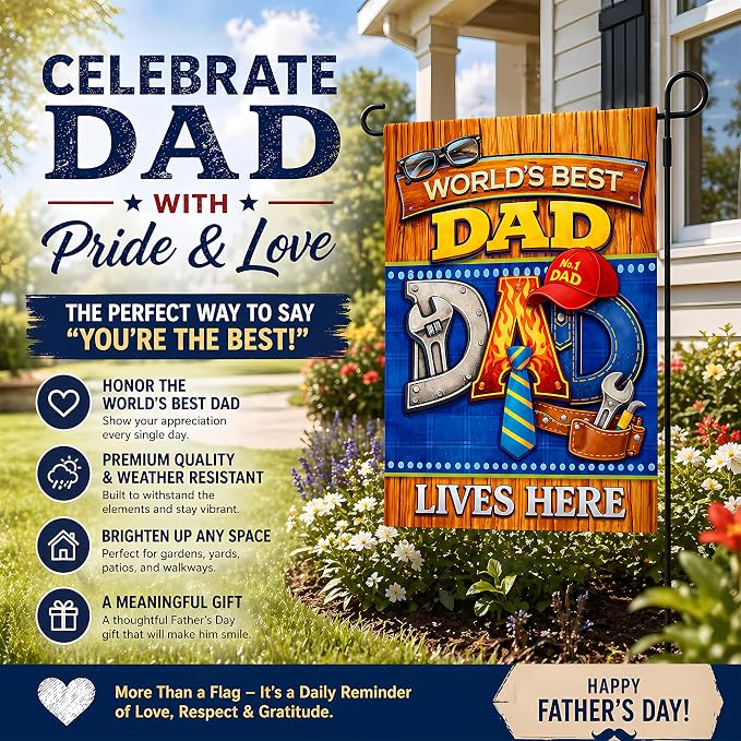 Fathers Day Decorations - WORLD'S BEST DAD Garden Flag | Dad Gifts for Fathers Day | Double Sided Father's Day Garden Banners for Outdoor Outside Patio Lawn Home Patry Decor