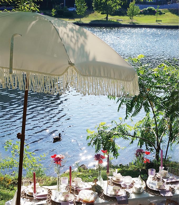 AMMSUN 7ft Patio Umbrella with Fringe Outdoor Tassel Umbrella UPF50+ Premium Steel Pole and Ribs Push Button Tilt, Light Beige