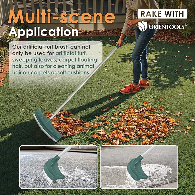 ORIENTOOLS Artificial Turf Rake, Curved Grass Rake with 4-Section Adjustable Steel Handle from 30" to 53", Hand Telescopic Brush, for Artificial Turf, Patios, Carpets, Pet Hairs and Garden Lawn Clean