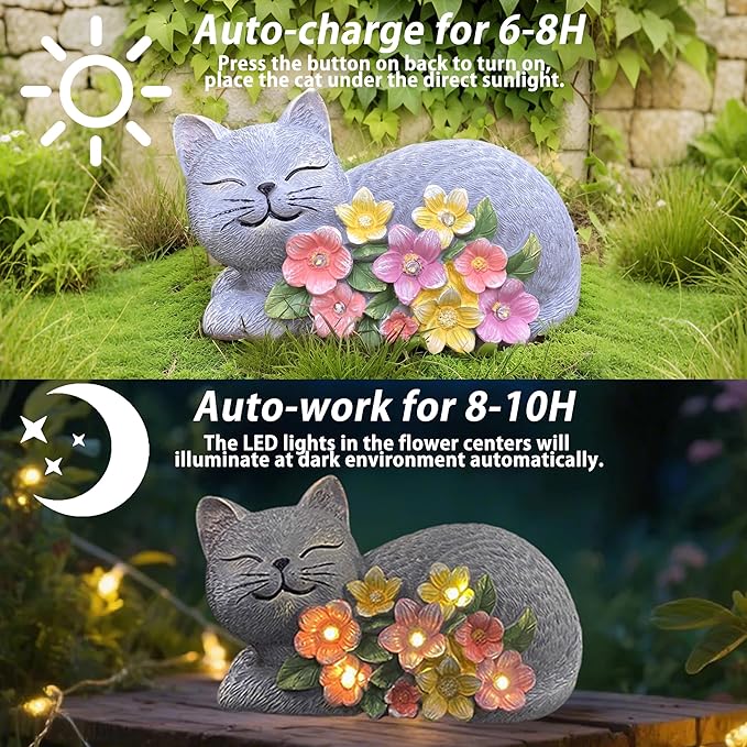 Solar Cat Garden Statue, Resin Solar Cat Lights with Flower for Outside, Outdoor Cats Statues for Lawn Porch Yard Art - Birthday Gifts for Mom Grandma Women