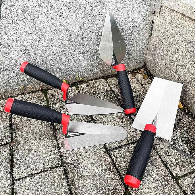 Bricklaying Trowel 4pcs/Set, Trowel Masonry Hand Tool, Flat Margin Trowel, Pointing Trowel, Gauging Trowel, Professional Masonry Flooring Tool for Concret (Black-E Set)