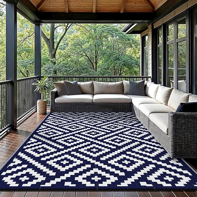 GENIMO 5'x8' Outdoor Rug Waterproof, Reversible Mats, Area Rug, Plastic Outside Carpet, Geometric Rv Mat for Patio Camping Picnic Backyard Deck Balcony Porch Beach Trailer (Navy Blue & White)