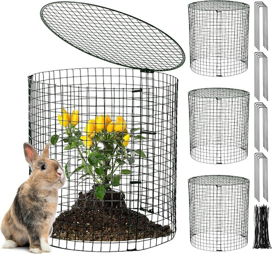 Hiboom 4 Set Garden Plant Protectors from Animals with Stakes, Metal Mesh and Detachable Covers Wire Plant Cage for Keeping Bunny Animals Out, Chicken Wire Cover Garden Protection (12x13)