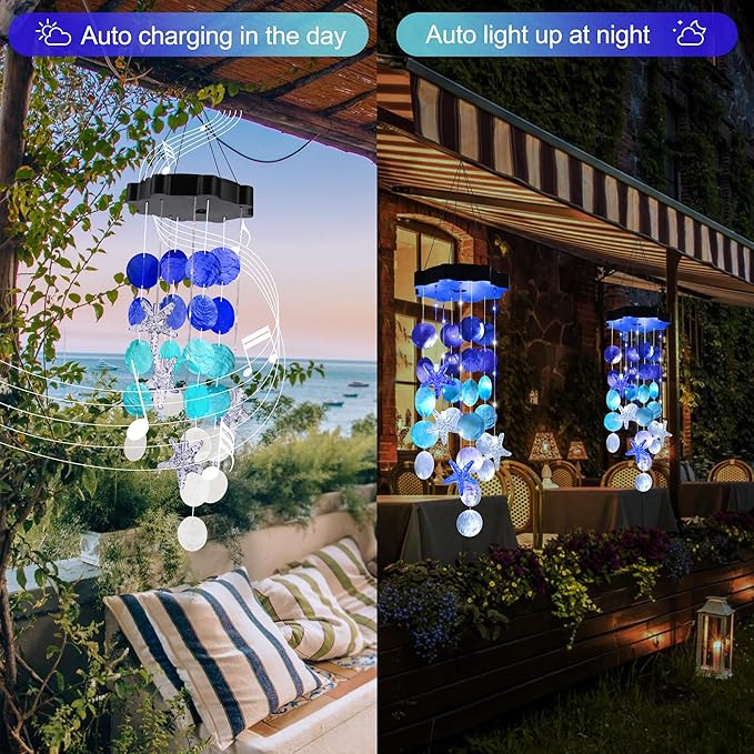 Solar Shell Gift for Mom Grandma Girls, White & Blue Solar Wind Chimes for Outside, Outdoor Decorative Mobile Lights for Garden, Yard, Patio, Window, Party, Outdoor Decorations