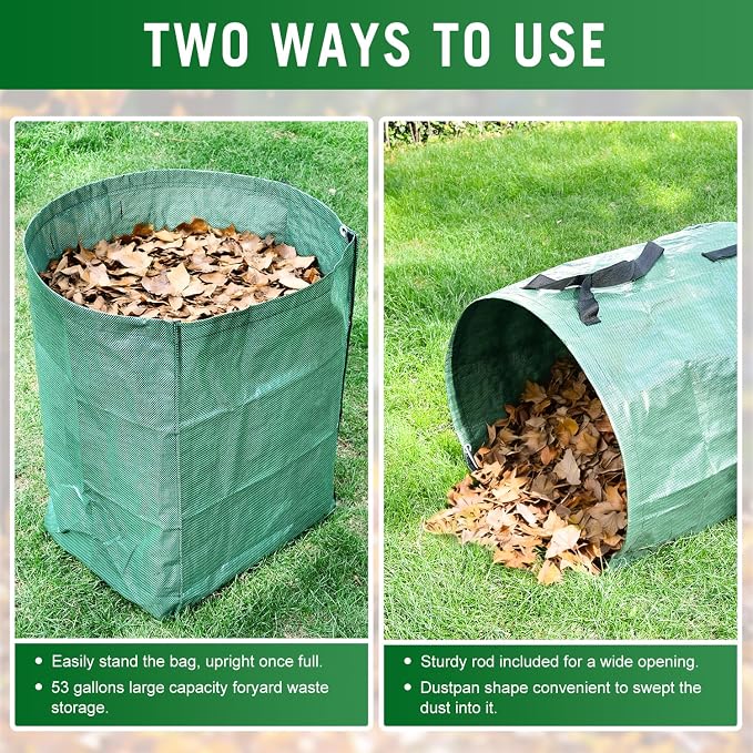 CAMPFIRE 2 Pack Dustpan Style Leaf Bags 53 Gallon Heavy Duty Yard Waste Bags Reusable Lawn & Garden Bags with Flat Bottom Scoop Design for Debris Hedging Cleanup