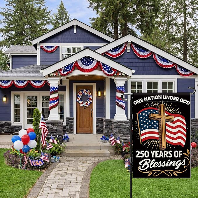 Blessings 250 Years America Garden Flag, 250 Anniversary USA Flag America Patriotic Banner 250 Year One Nation Under God 4th of July Double-Sided Waterproof 1776-2026 Commemorative Flag 12x18 Inch