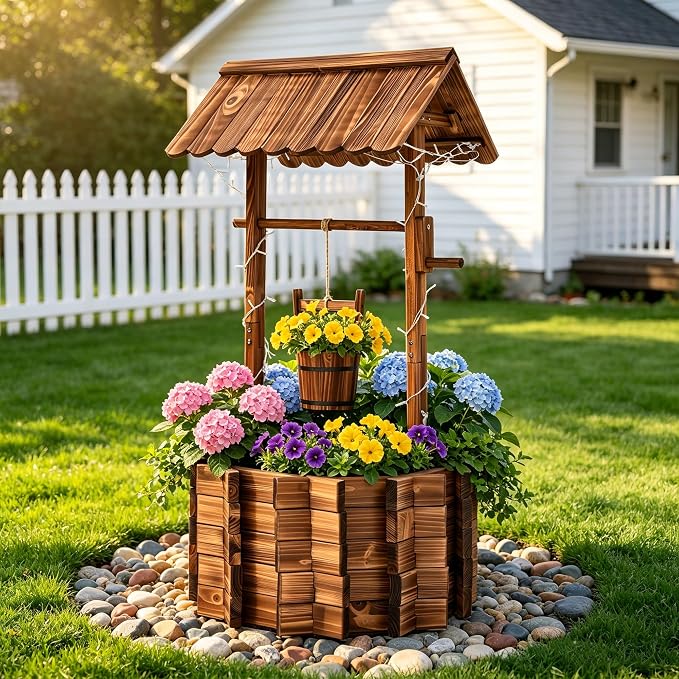 2026 Upgraded 54" H Wishing Well Planter with 11-Mode LED Lights and 3 Timer Settings, Outdoor Garden Decor with Adjustable Hanging Bucket and Drainage Base for Yard, Patio, Backyard