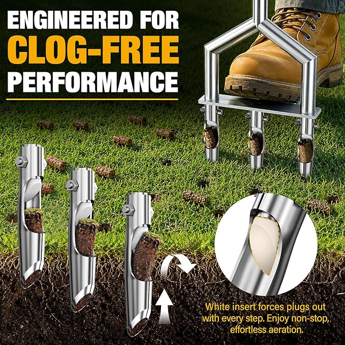 Manual Core Aerator Lawn Tool, Lawn Aerator Tool with 3 Non-Clogging Hollow Tines, Yard Grass Aerator with Ergonomic Rubber Grip, Reinforced Welding for Compacted Soil Lawn Care - Orange
