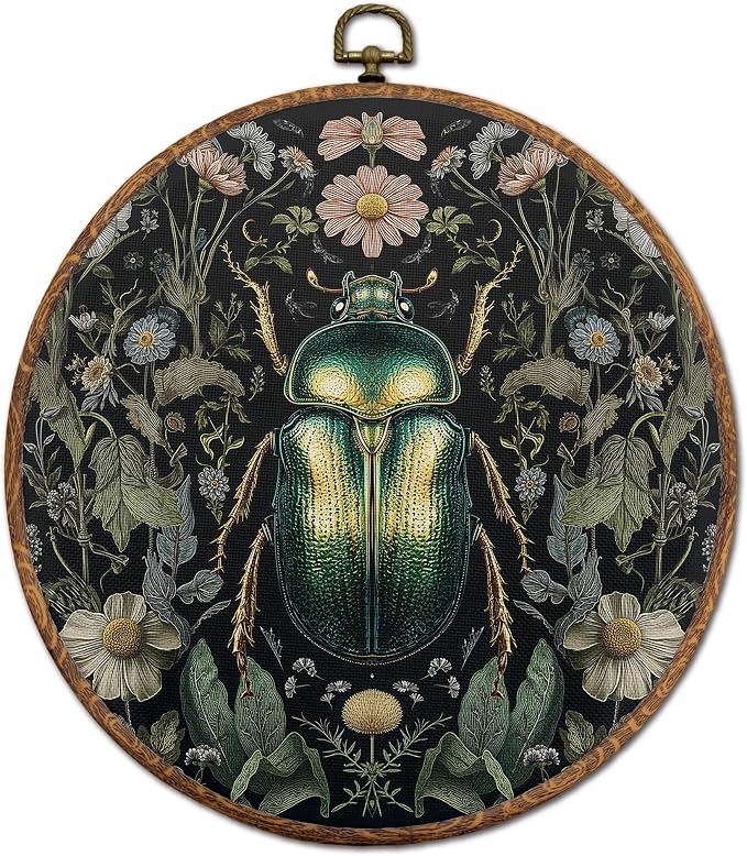 DOFQZ Vintage Dark Green Beetle Round Wall Art Decor, Retro Botanical Art Deco Framed Wall Art, Dark Cottagecore Moody Wildflower Canvas Wall Hanging Decor for Home Bedroom Living Room, 10x10
