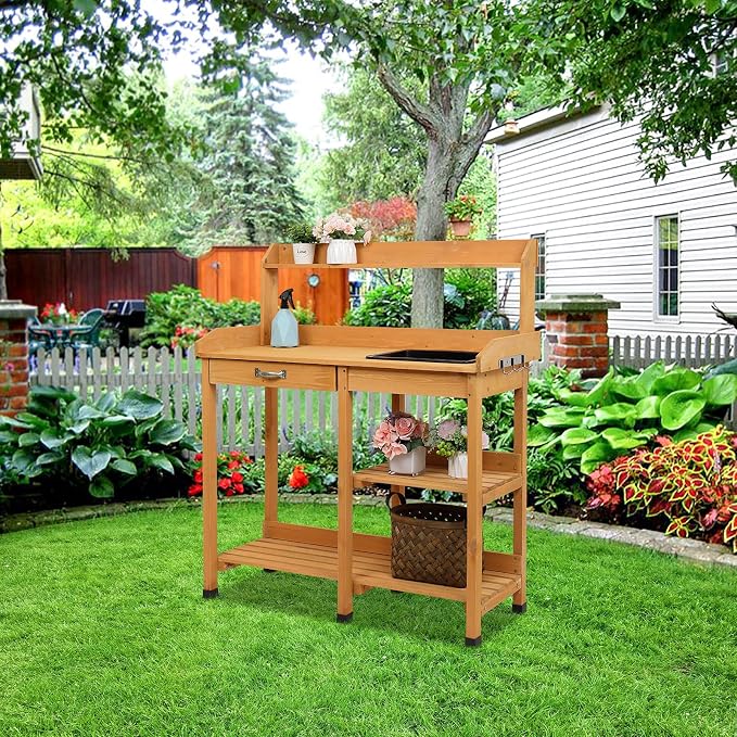 Garden Potting Bench,Wooden Garden Workbench with Storage Shelves for Patio,Backyard and Porch (Burlywood with Drawers and Sink)