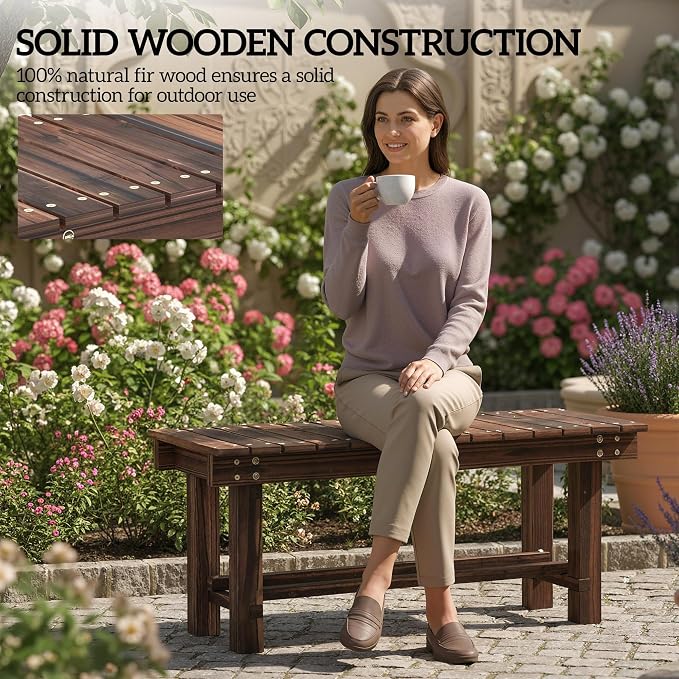 Outsunny 35.4" Wooden Garden Bench with Storage Shelf, 2 Seater, Suitable for Patio, Balcony, Outdoor Bench, Carbonized Wood