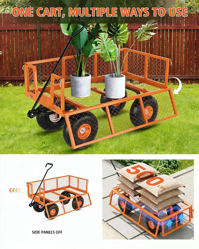 Garvee Steel Garden Cart, 500 LBS Capacity Utility Outdoor Wagon, Heavy Duty Mesh Garden Metal Wagon with Removable Sides, Flexible Handle for Yard, Lawn, Garden