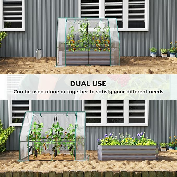 Outsunny 4 x 3ft Metal Planter Box with Mini Greenhouse, Galvanized Raised Garden Bed with Cover for Herbs and Vegetables, Small Greenhouse for Patio Garden Balcony, Clear and Dark Gray
