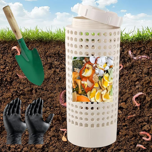 Inground Worm Composter, Outdoor Worm Farm Compost Bin Kit with Lid for Raised Garden Beds, Reducing Food Waste Composting Systems - with Gloves & Shovel(10.24 * 4.3 * 4.3 in (1 PCS))