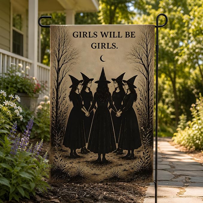 Halloween Decorations - Witch GIRLS WILL BE GIRLS Garden Flag | Halloween Party Decorations for Outdoor Indoor Outside - Trick or Treat Banner Decor for Garden Porch Patio Lawn Yard Party Favors Supplies