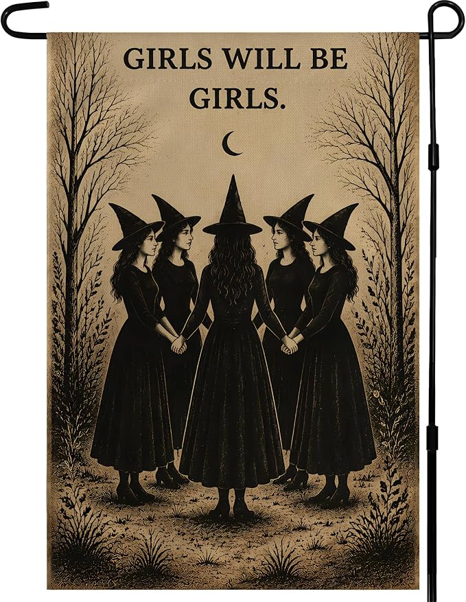 Halloween Decorations - Witch GIRLS WILL BE GIRLS Garden Flag | Halloween Party Decorations for Outdoor Indoor Outside - Trick or Treat Banner Decor for Garden Porch Patio Lawn Yard Party Favors Supplies