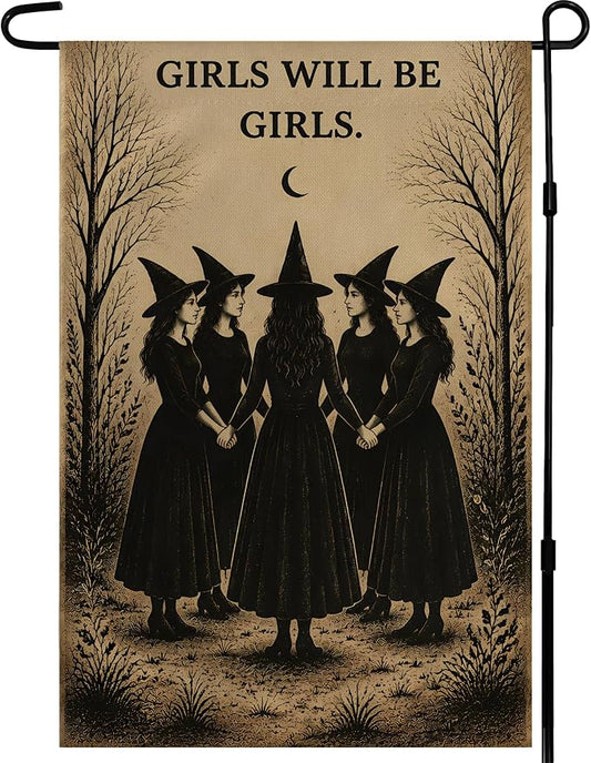 Halloween Decorations - Witch GIRLS WILL BE GIRLS Garden Flag | Halloween Party Decorations for Outdoor Indoor Outside - Trick or Treat Banner Decor for Garden Porch Patio Lawn Yard Party Favors Supplies