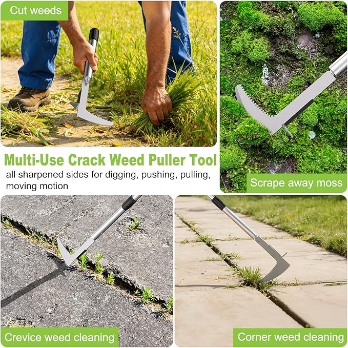 Crack Weeder, Stainless Steel Crevice Weeding Tool with 22'' to 64'' Adjustable Long Handle, L-Shaped Manual Weed Puller Spatula, Weed Remover Gardening Tool for Sidewalks Driveways Patio Pavers Rocks