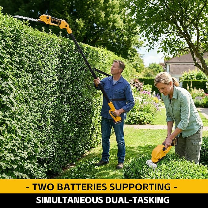 6-in-1 Pole Saw & Cordless Hedge Trimmer Combo Kit,Electric Grass Trimmer,Mini Chainsaw with 2×4.0 Ah Battery,Dual-Action Blade,Brushless Motor,8.5 ft Max Reach,for Tree Trimming/Garden/Lawn (Yellow)