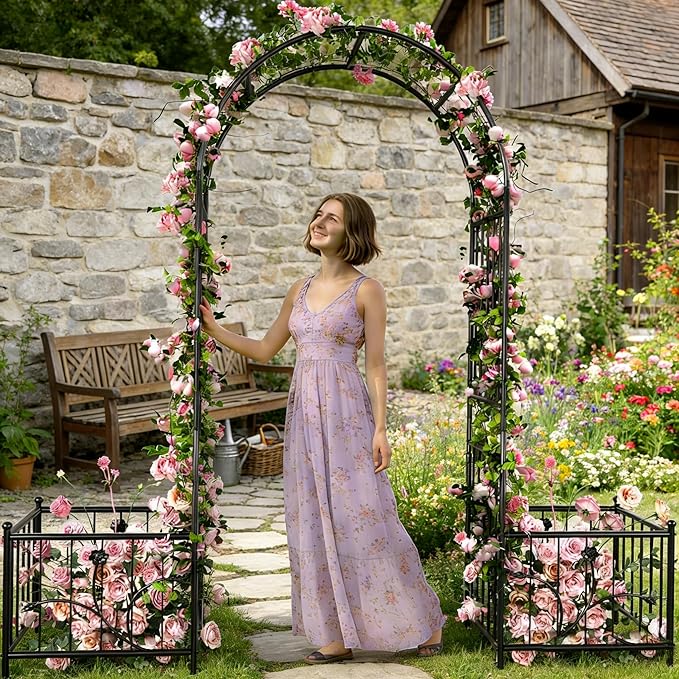 Garden Arbor with Planter Boxes 76" W x 86" H, Wedding Arches for Ceremony, Black Metal Garden Archway for Climbing Plants Outdoor Lawn, Patio and Backyard