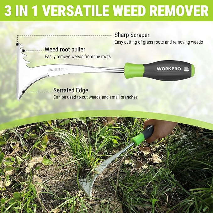 WORKPRO 3-Piece Weed Puller Tool Set – 15" 6-Tine Weed Remover, 12" Hand Weeder, 12.5" Crack Weeder, Stainless Steel with Ergonomic Handle for Lawn, Garden, Yard