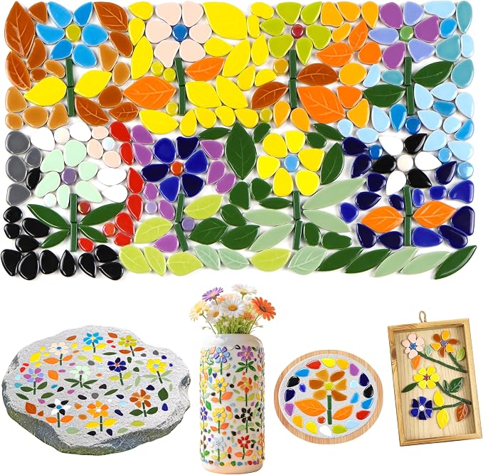 LOTOFUN Mosaic Tiles for Stepping Stones: 610g Vibrant Mosaic Tiles for Crafts Bulk with Petals Centers Leaves Stem Decorative Ceramic Flowers Mosaic Supplies for DIY Garden Decor- Crafts for Adults