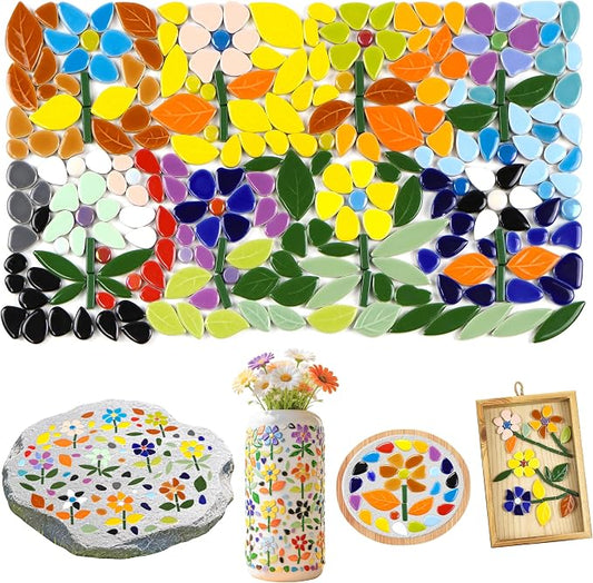 LOTOFUN Mosaic Tiles for Stepping Stones: 610g Vibrant Mosaic Tiles for Crafts Bulk with Petals Centers Leaves Stem Decorative Ceramic Flowers Mosaic Supplies for DIY Garden Decor- Crafts for Adults