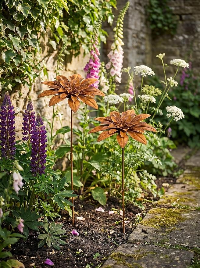Set of 2 Vintage Rusty Cornflower Statues Stake 12 Inch Metal Artistic Wire Art Decor Rustic Garden Sculptures for Lawns Yard Patio Home Farmhouse Decoration (Bronze) (Brown)