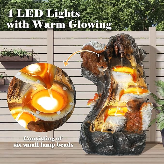 22" H Modern Garden Water Fountain - 4-Tiers Indoor/Outdoor Resin Water Fountains with LED Lights, 4-Tiers Patio Waterfalls with Mushroom & Squirrel Design, Home Decor for Porch Yard Deck