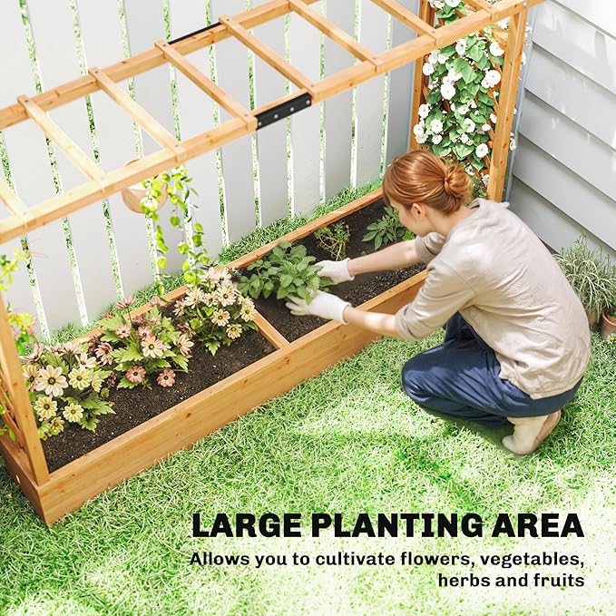 Outsunny Raised Garden Bed with Trellis, Wooden Planter Box with Drainage Holes and Hanging Roof, Outdoor Flowers Box for Herbs, Vegetables, Climbing Plants, 78.7" x 17.3" x 44.7"
